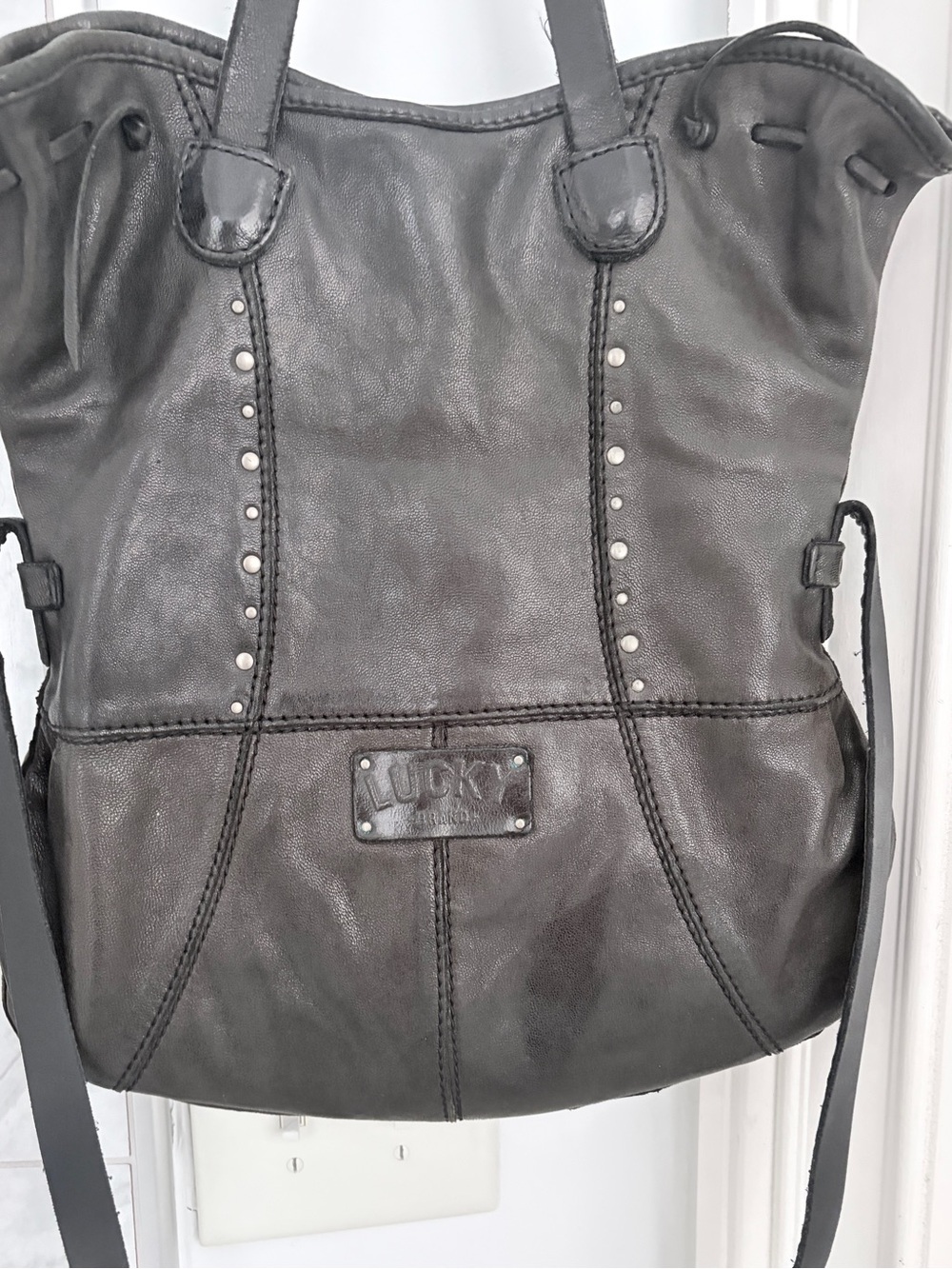 Lucky Brand Black Lambskin Leather cross Bag with Stud Accents - Picture 2 of 11